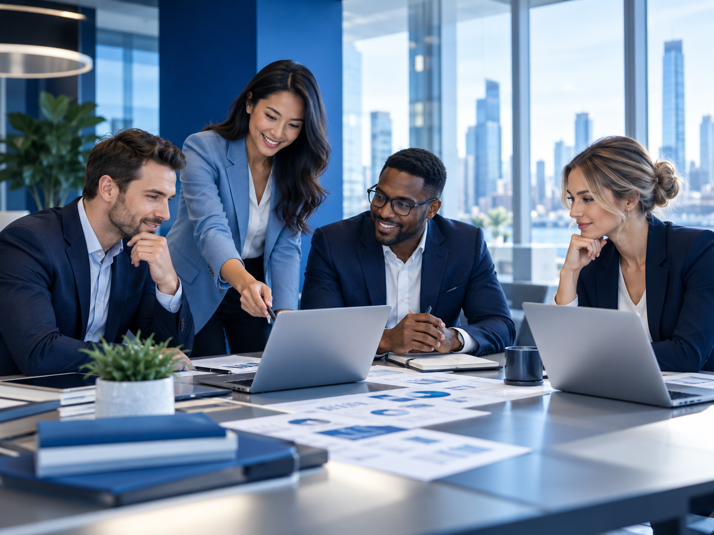 A professional group of people working together in a modern office meeting.
